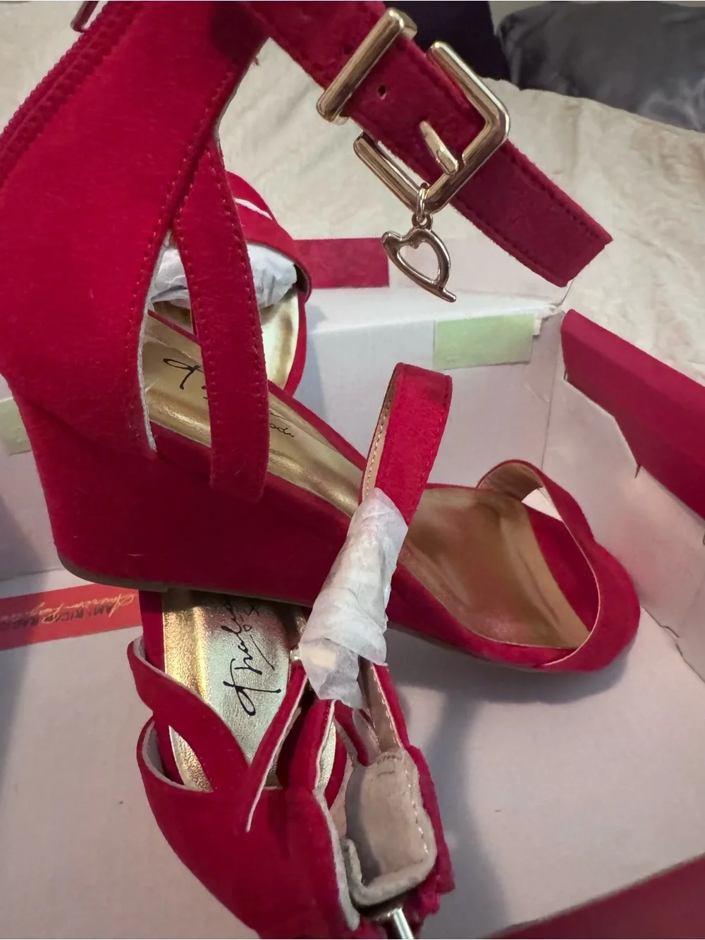 Thalia Sodi Red Sueded Ankle-Strap Wedge Sandals